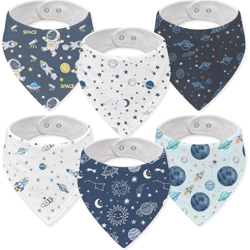 Papmiunm Space Muslin Baby Bibs Drool Burp Cloths for Boys Astronaut Galaxy Cotton Teething Baby Bandana Bibs Super Absorbent Baby Burp Cloths with Adjustable Snaps