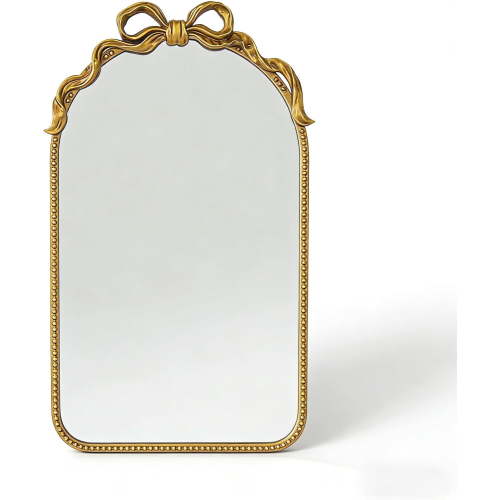 Vintage Arched Gold Mirror, 18.5x31.25Inch, Antique Bathroom Vanity Wall Mirror with Metal Frame, Baroque Ornate Bow Decor for Living Room, Fireplace, Entryway, Hallway