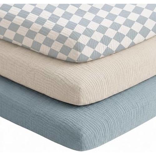 Niceye Muslin Bassinet Sheets 3-Pack for Bedside Sleepers, 33" x 21" | 100% Cotton, Soft & Breathable, Full Elastic Fit, for Baby Delight, Dream On Me, Baby Girl Boy (Blue)
