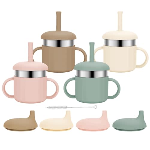 EsOfficce Baby Sippy Cups, 7.4 Oz Stainless Steel Training Cup with Silicone Straws, 3 Stages for Infants Toddlers 6-12 Month and Kids 1-3 Year, 4 Colors