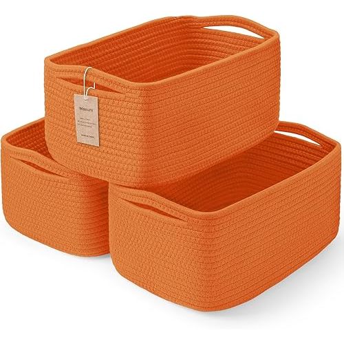 3-Pack Storage Baskets for Organizing | Woven Shelf Toy Basket | Rope Baskets for Gifts Empty | Closet Organizer Bins with Handles | Cube Decorative Box | 13.7×7.1×6.7” | Orange