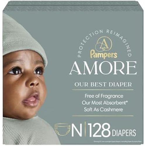 Pampers Amore, Size 0 (up to 10 lbs), 128 Count, Our Best Diaper – Hypoallergenic & Fragrance Free, Up to 100% Leakproof, Soft as Cashmere