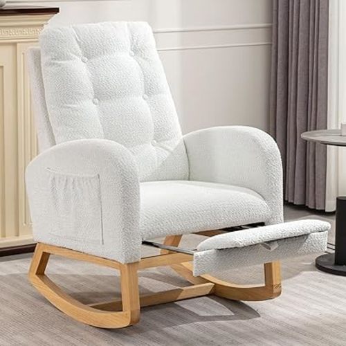 NIOIIKIT Nursery Rocking Chair, Polar Fleece Upholstered Glider Chair with Footrest, Tufted Rocker Recliner with Side Pocket, Comfy Recliner Glider, Accent Chair for Living Room (White Polar Fleece)