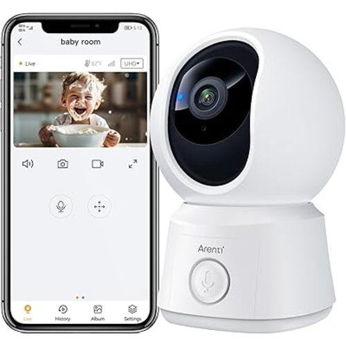 Arenti B2 Caméra bébé vue à 360° pour animal de compagnie / nounou, WiFi 2,4 g uniquement, capteur de température, détection de son et de mouvement, audio bidirectionnel, vision nocturne, fonctionne