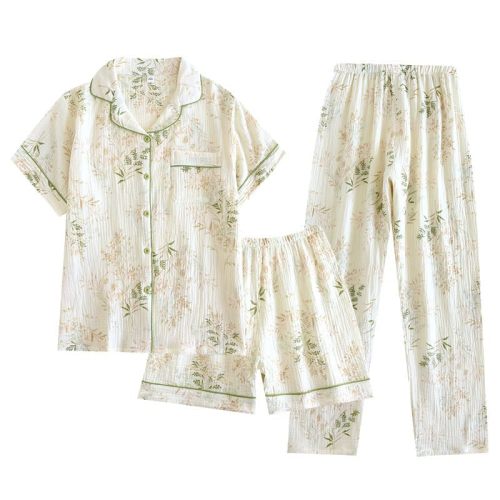 codcm Womens 3pcs Cotton Pajamas Set Short Sleeve Sleepwear Fruit Print Cute Pj Set with Long Pants