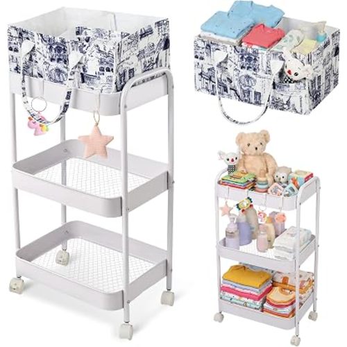 Baby Diaper Caddy & 3 Tier Rolling Cart for Baby Essentials