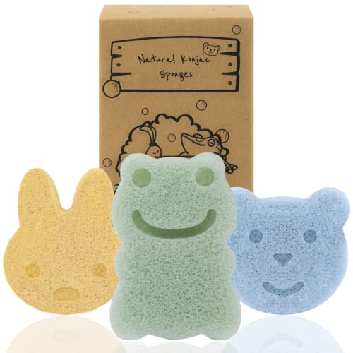 myHomeBody Konjac Sponge, Bath loofah, 3pc, Rabbit, Frog, Bear face | Natural Safe Plant-Based, Cute Shapes Bath Sponge for bathing, Shower Sponge for bath, Body Loofah, Shower Loofah, Face Luffa