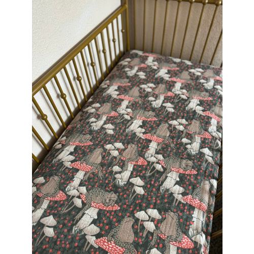 Organic Muslin Crib Sheets, Organic Baby Bedding, Mushrooms and Toads