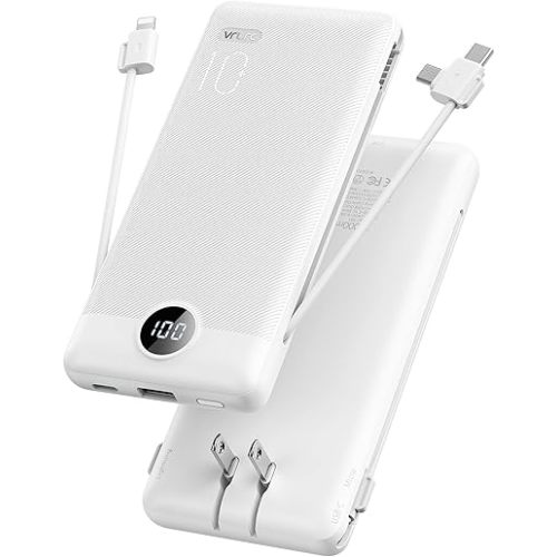 VRURC Portable Charger with Cables and Wall Plug | Power Bank with Cords | 10000mAh Portable Charger with AC Plug | External Battery Pack (Pure White)