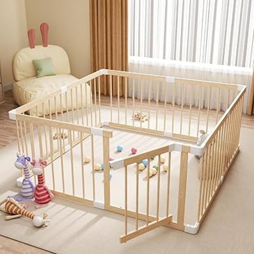 Baby Playpen,Wooden and Toddler Playpen,Play Pen for Babies and Toddlers Kids Indoor,Wooden Babies with Locking Baby Gate,Easy to Assemble,Play Pen Area Indoor(53.1x53.1x24 Inch)