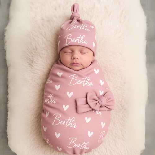 Personalized Baby Name Swaddle Set - Custom Baby Blanket Newborn Swaddle with Hat Bow Baby Shower Gift Coming Home Outfit for Boys & Girls