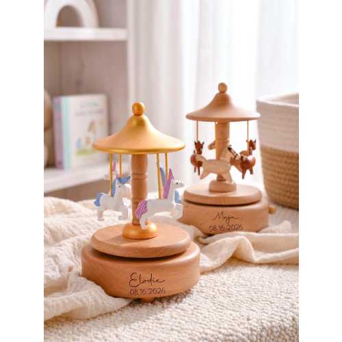 Personalized Musical Wooden  Carousel Music Box,  Baby Name Keepsake, Nursery Decor, Baby Shower Gifts