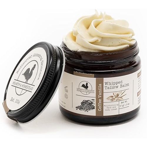 Hearth and Homestead: Handmade Whipped Tallow Balm (Coffee Vanilla) - Organic Body Butter with Infused Olive Oil - 1.3 oz …