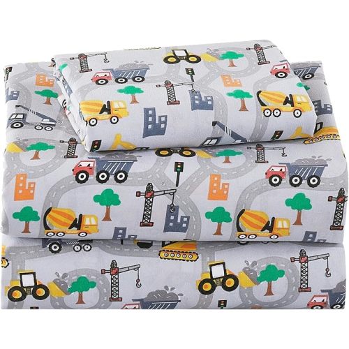 Softan Kids Bed Sheet Set, 3-Piece Twin Sheets Set, Microfiber Fitted Sheet with 15 Inches Deep Pocket and Corner Straps, Breathable & Silky Soft Excavator Pattern Sheet and Pillowcase Sets