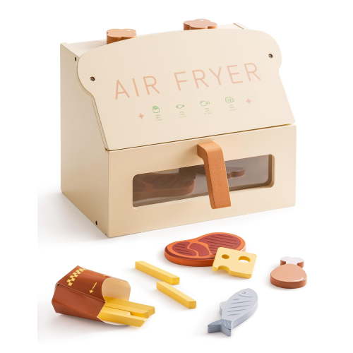Robud Kids Wooden Air Fryer & Play Kitchen Set with Accessories, Pretend Cooking Food Toys, Role Play Gift for Toddlers, Boys & Girls, Cream-coloured