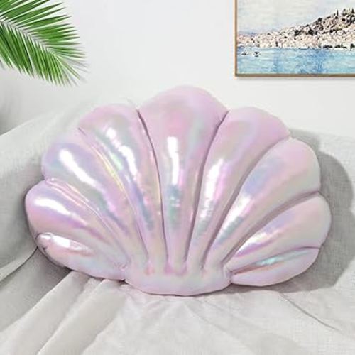 Marble Empire Seashell Pillow - Holographic Iridescent Foil Fabric Throw Pillow for Couch, Coastal Beach Theme Decor, Ocean Themed Bedroom Living Room Accent Pillow（Purple,14×11''）