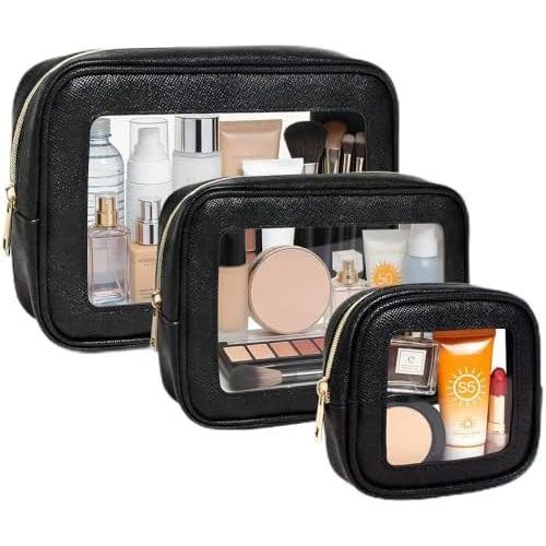 3Pcs Clear Makeup Bag Set for Women, Waterproof Travel Clear Makeup Bag Small Toiletry Bag Skincare Pouch Portable Travel Cosmetic Bag with Zipper Compact Car Organizer Bag for Essentials (Black Set)