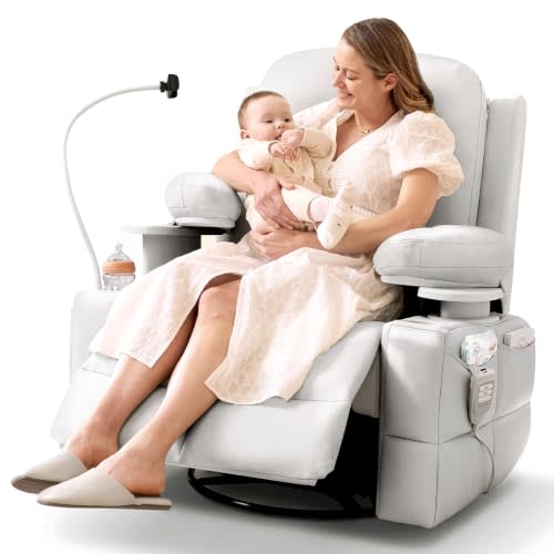 MAMAZING Lullapod Power Nursery Rocking Chair with HugAssist Armrest | Triple Motor Power Nursing Recliner with 270° Swivel Glider & Quiet Rocking, Dual Charging Ports & Built-In Storage