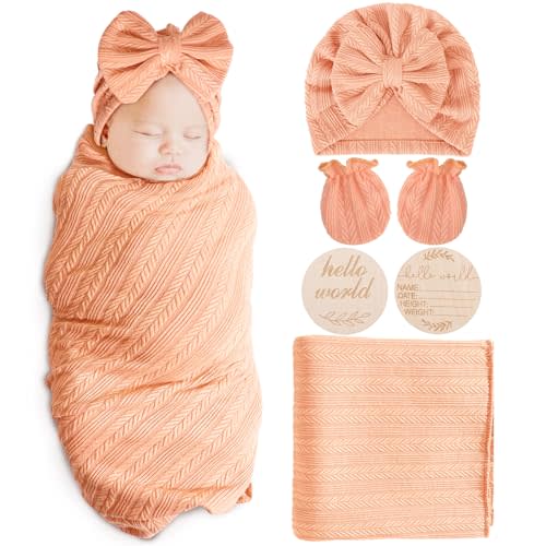 AQOKKA Newborn Receiving Blanket with Bow Hat Mittens Wooden Card Set Wheat-Pattern Newborns Toddler Baby Boy Girl Nursery Swaddle Wrap
