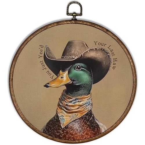 XBBMGG Western Cowboy Mallard Duck Wall Art Decor, Vintage Cowboy Hat Duck Round Wall Hanging Decor, Funny You Just Yee'd Framed Canvas Prints for Home Nursery Living Room Bathroom Decorations, 10x10inch