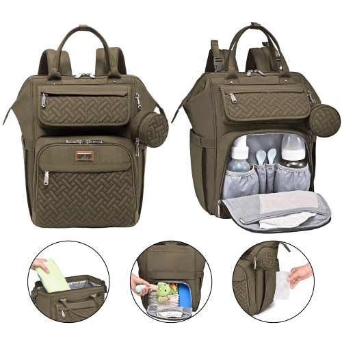 BabbleRoo, Wide Top Diaper Bag Backpack, 26L capacity, Army Green