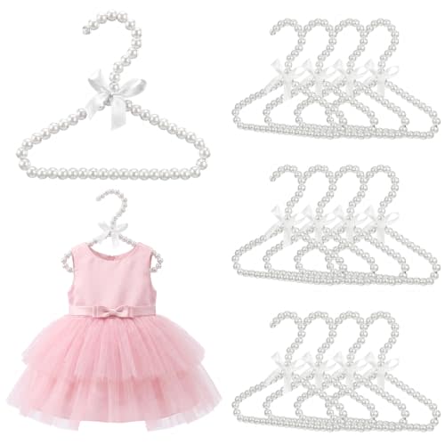 12 Pcs Pearl Hangers White Cute Beads Dog Pet Clothes Hanger for Baby Girl | pearl baby hangers, small pearl hangers for women,doll clothes baby girl hanger with ribbon,beaded for kids children cat dog