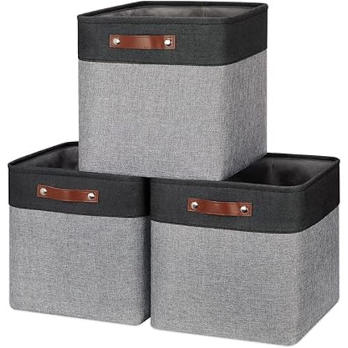 HNZIGE Storage Foldable Baskets Cubes Set(3 Pack) Fabric Bins for Shelves,13 Inch Storage Basket for Organizing with Leather Handles for Home, Toys, Clothes, Kids Room, Closet Storage(Black&White)