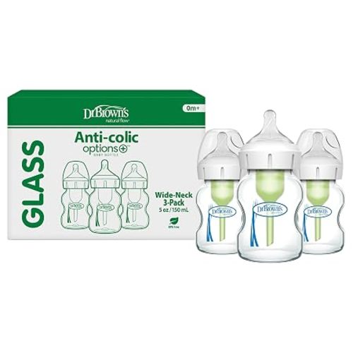 Dr. Brown's Natural Flow Anti-Colic Options+ Wide-Neck Glass Baby Bottles 5 oz/150 mL, with Level 1 Slow Flow Nipple, 3 Pack, 0m+
