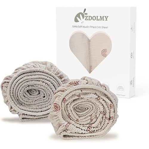 Zdolmy Muslin Crib Sheets for Girl Boy, 2 Pack 100% Cotton Crib Sheet for Standard Crib Mattress(28"x 52"), Fitted and Soft Breathable Crib Mattress Sheet, 360° Wrapping (Cream & Rainbow)