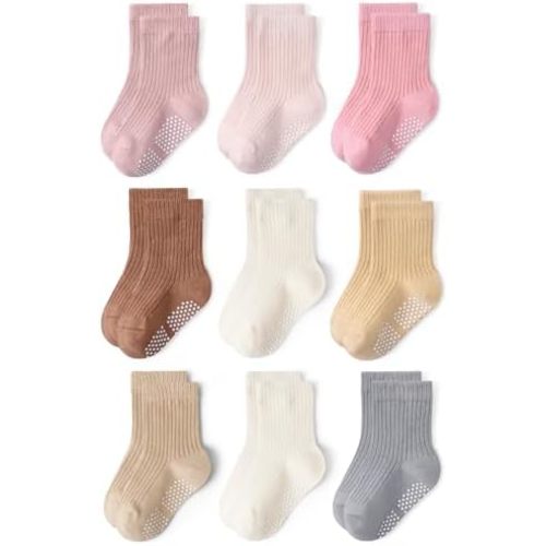 Toddler Non Slip Cotton Crew Socks with Anti-slip Dots for Infant Baby Boys Girls
