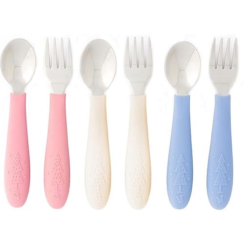 Elk and Friends Kids Silverware with Silicone Handle | Childrens Safe Flatware | Toddler Utensils | Baby Spoons + Forks | Stainless Steel Cutlery