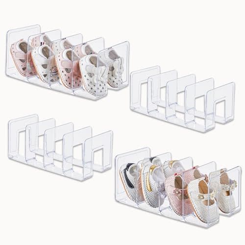 UFORU Clear Acrylic Kids Shoe Rack for Closet Organizers and Storage | 4 Pack Small Shoe Rack 4 Sections Toddler Baby Shoe Storage Organizer Stackable Shoe Shelf, Desk File Sorter Book Purse Organizer