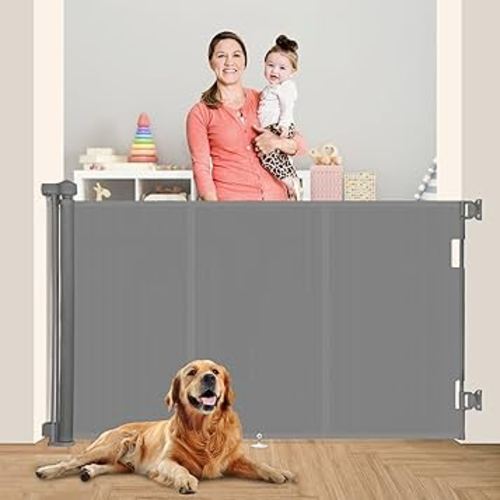 71 inch Retractable Baby Gates 42 inch Tall, Retractable Gate with Reinforced Strip Design to Prevent Crawling Through, 6 FT Retractable Dog Gate for Stairs, Doorways, Hallways, Indoor/Outdoor