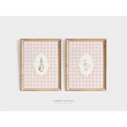 Bunny and Silly Goose Nursery Wall Art Set, Blush Pink Gingham Girl's Room Decor, Farm Animal Print, Vintage Cottagecore Rabbit Illustration
