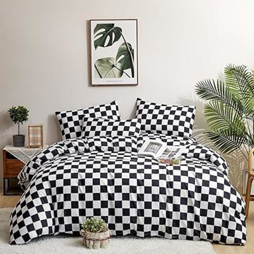 CLOTHKNOW Black White Plaid Full Size Comforter Sets 3Pcs Grid Bedding Comforter Sets Black White Comforter Soft Checkered Comforter with 2 x Pillow Cases