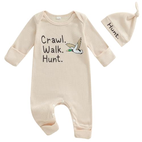SAYOO Infant Baby Boy Girl Mallard Duck Romper Jumpsuit Green Duck Embroidery One Piece Waffle Overalls Hunting Baby Clothes