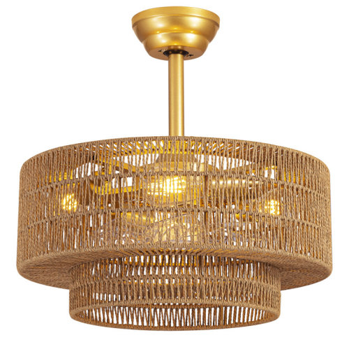 Dakota Fields Boho Caged Fandelier with Lights Flush Mount Rattan Ceiling Fan with Lights and Remote Control, Enclosed 6 Speeds Low Profile Fan Light for Bedroom, Living Room, Kitchen | Wayfair