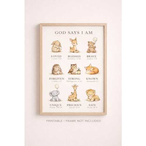 God Says I Am Biblical Affirmations - Woodland Animal Christian Nursery Wall Art