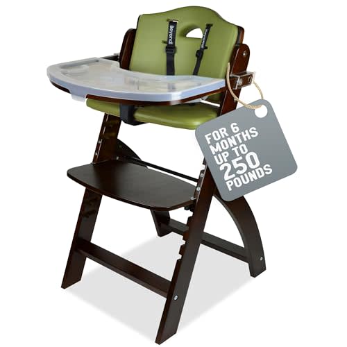 Abiie Beyond Junior Convertible Wooden High Chairs for Babies & Toddlers. 3-in-1 Adjustable High Chair with Removable Tray, Easy to Clean, Portable. 6 Months up to 250 Lb. Mahogany Wood/Olive Cushion