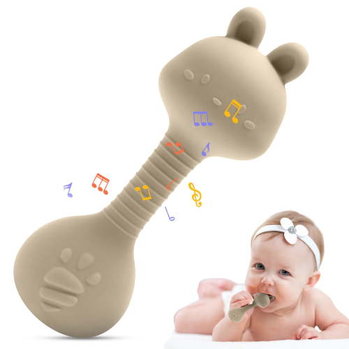 HippoBaby Bunny Silicone Rattle Teether – Soft Baby Teething Toy with Gentle Sound – BPA-Free, Food Grade, CPC Certified – Easy Grip Teether for Babies 3–6 Months, Infant Sensory Toy (Bunny-Beige)