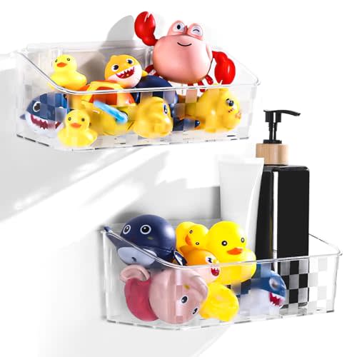 VEGEVIGI Bath Toy Storage Holder For Bathtub, Wall Mounted Shower Bath Tub Baby Toy Organizer, Hanging Clear Plastic Shower Caddy for Bathroom，2 PACK