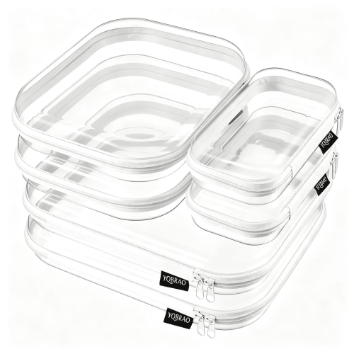 CCOCC 6 Pack Clear Hard Shell Zipper Case,1.2Mm Heavy Duty Crush-Proof Diaper Bag Organizer Pouches,Tsa Approved Travel Makeup Bag for Toiletries&Electronics,(2L,2M,2S) Multi-Size Storage Set