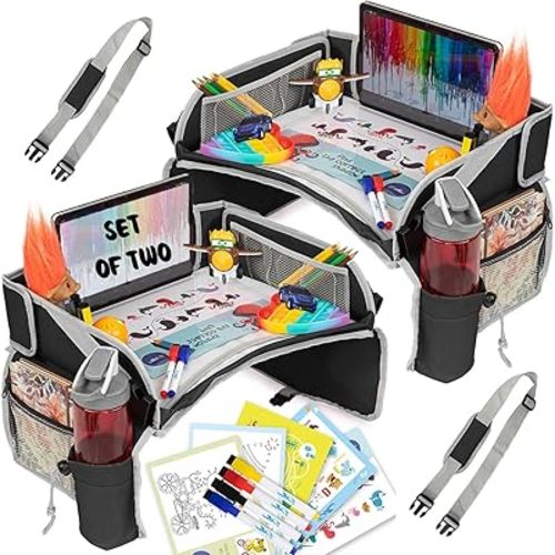 PILLANI Kids Travel Tray for Car - Carseat Tray w/iPad Holder & Dry Erase Board, Road Trip Essentials - Toddler Lap Desk Organizer for Airplane - Roadtrip Activities & Travel Essentials - Pack of 2