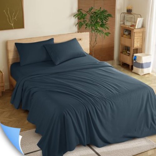 Shilucheng 4 Pieces Luxury Bed Sheets Set, 1800 Series Microfiber Bed Sheets, 16" Deep Pocket, King, Navy Blue