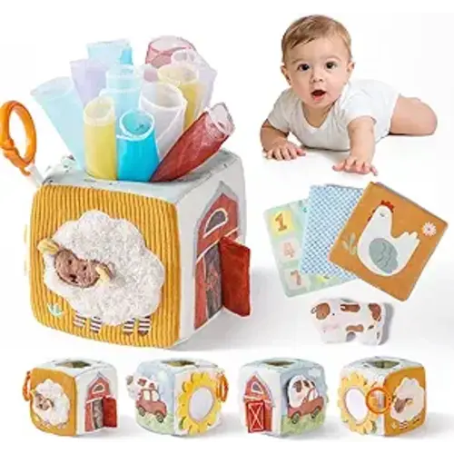 let's make Baby Tissue Box Toy, Farm Montessori Sensory Toys 6-12 Months, Play Silks & Crinkle Tissues with 3D Corduroy, Mirror, Squeaky Cow & Travel Clip - Fine Motor Skills Baby Girl Boy Gifts