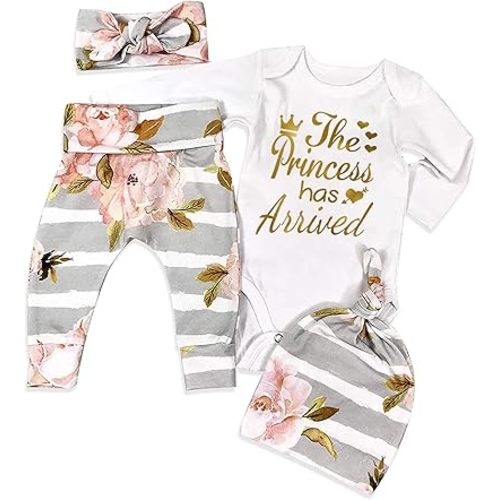KANGKANG Newborn Baby Girl Clothes Hi I'm New Here Newborn Outfit Infant Romper Floral Pants Cute Baby Girl Outfits 4PC Set