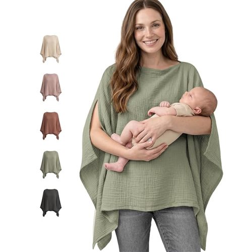 Konssy Muslin Nursing Cover for Breastfeeding, 360° Full Privacy Breathable 100% Cotton Breastfeeding Cover, Multi-use Carseat Canopy(Fog Green)