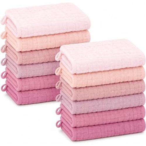 SWEET DOLPHIN 12 Pack Baby Muslin Washcloths - Face Cloths for Newborn, Absorbent Bath Wash Cloths, Wipes, Burp Rag - Toddlers Essentials Stuff, Baby Registry as Shower -10"x10", Hibiscus Sunset