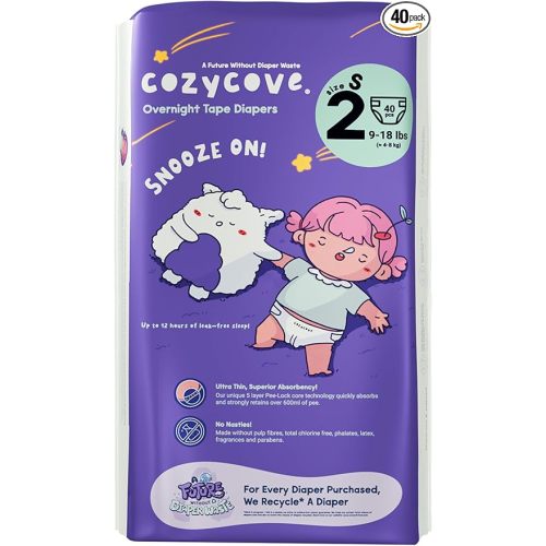 Cozycove Size 2 S (9-18 lbs) Diapers, 40 Count, Totally Chlorine Free, Skin-Friendly Material | Snooze On Slim Overnight Tape Disposable Diapers | 1 Bag of 40