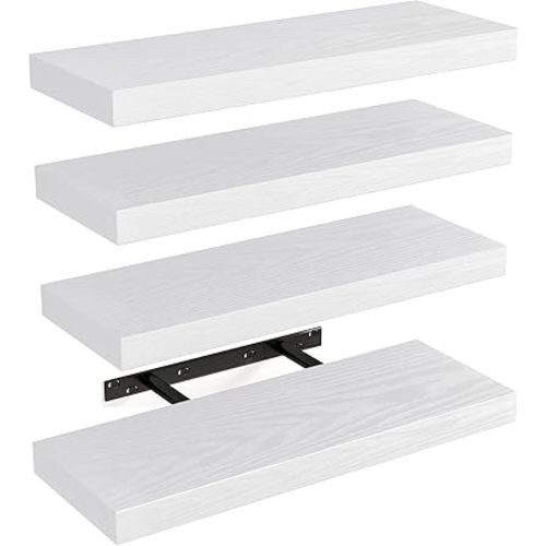 Fixwal 15.8in Floating Shelves, Rustic Wood Finish Wall Shelves Set of 4, Shelves for Wall Decor, with Invisible Brackets for Bathroom, Living Room,Bedroom and Kitchen(White)